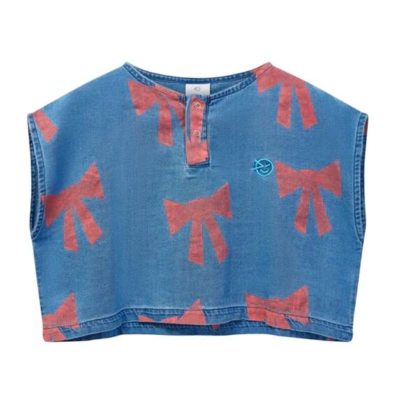 Wynken Girl's Blue & Red Sleeveless Twill Bow Print Shirt, Size 2Y - Picture 1 of 3